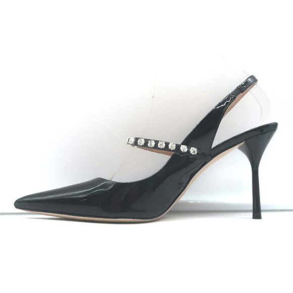 Miu Miu Crystal-Strap Pumps Black Patent Leather Size 37.5 Pointed Toe Heels - Picture 8 of 13